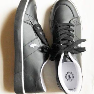Shoes sneakers mens new size 13D black leather white trim Polo Ralph Lauren